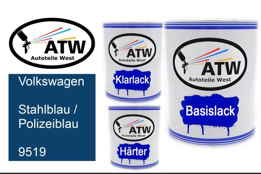 Volkswagen, Stahlblau / Polizeiblau, 9519: 1L Lackdose + 1L Klarlack + 500ml Härter - Set, von ATW Autoteile West.